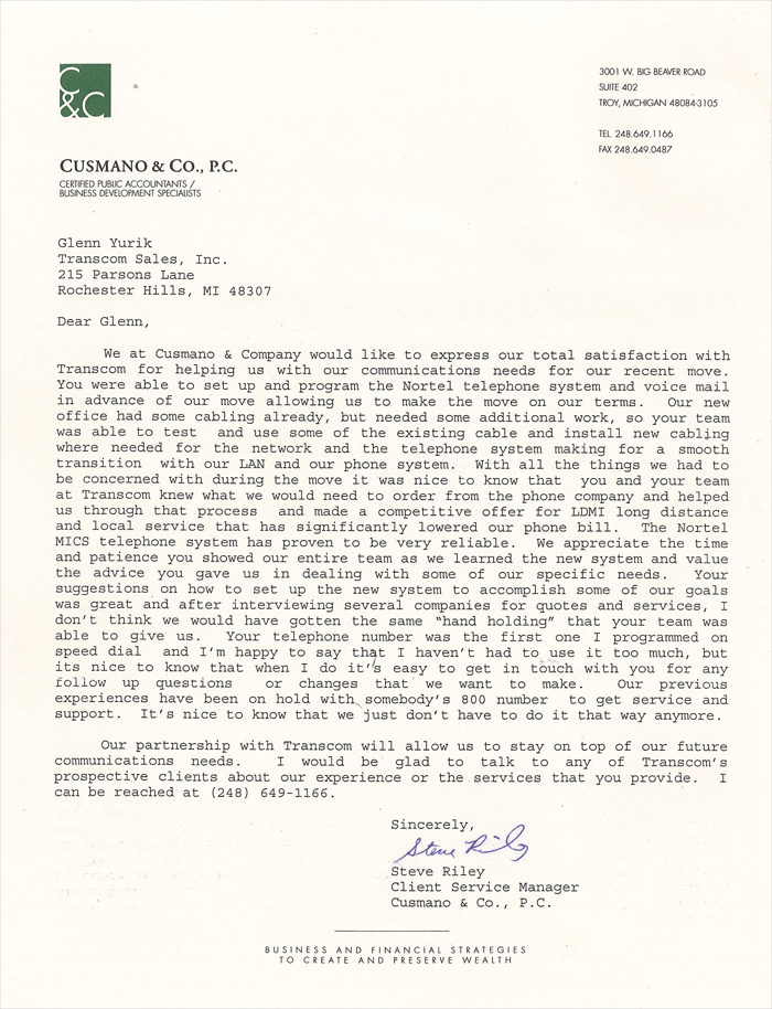 Cusmano & Co. Letter